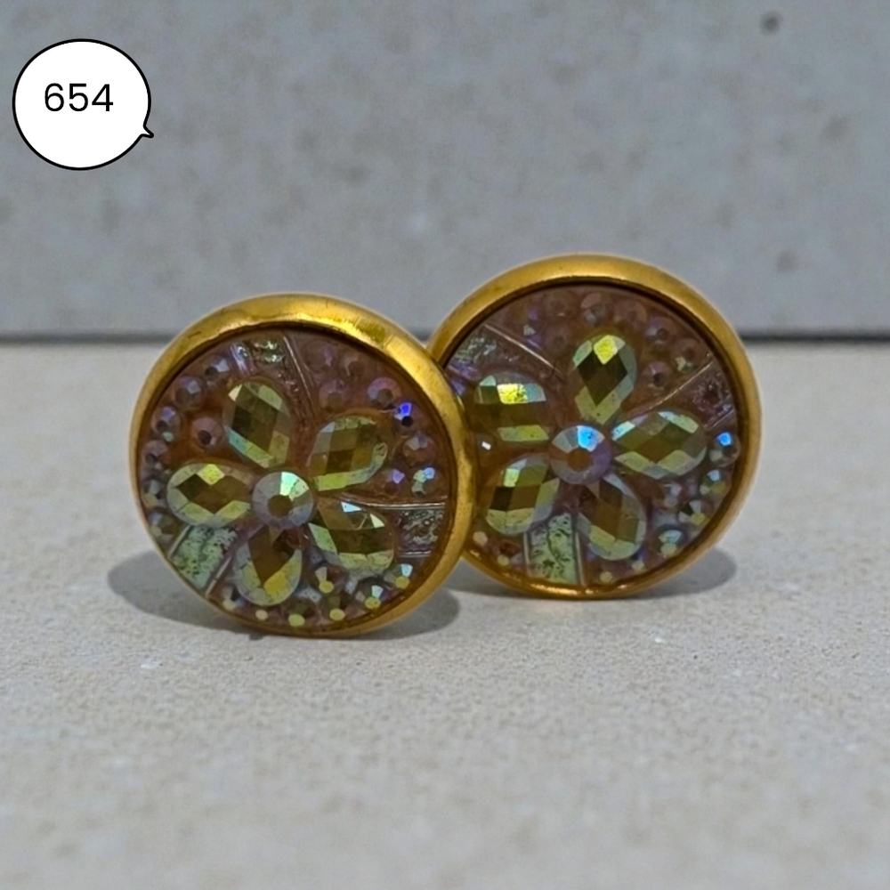 Gold Floral Stud Earrings – Iridescent Crystal Flower Round Posts